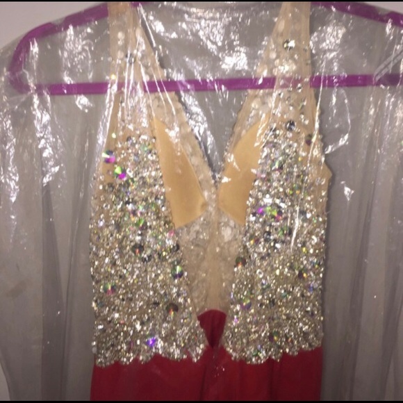 Elegant jeweled Red Sherri Hill Prom Dress w slit - Picture 3 of 5